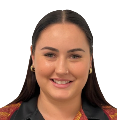Portrait of a smiling woman with dark hair, gold hoop earrings, and a colorful patterned jacket against a white background.
